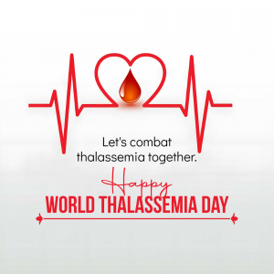 World Thalassemia Day graphic with a heartbeat line forming a heart shape and a blood droplet.