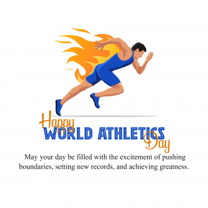 Illustration of a runner with flames trailing behind, celebrating World Athletics Day.