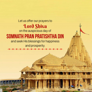 Image of Somnath Temple with text wishing blessings on Somnath Pran Pratishtha Din