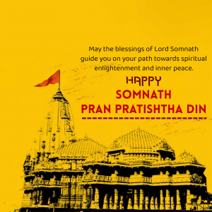 Image depicting the Somnath Temple with a flag and text celebrating Pran Prathishta Din.