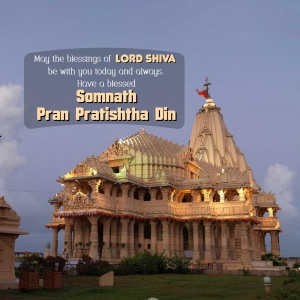 Image of Somnath Temple with a blessing message for Pran Prathishta Din