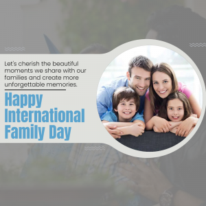 A happy family of four smiling at the camera with a decorative background and text celebrating International Family Day.