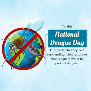 Illustration of a mosquito with a red 'no' symbol over a globe, promoting National Dengue Day.