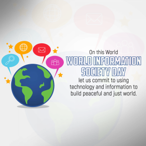Illustration of Earth with speech bubbles and stars, celebrating World Information Society Day.