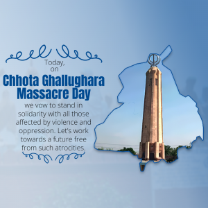 Image commemorating Chhota Ghallughara Day with a tower and map outline.