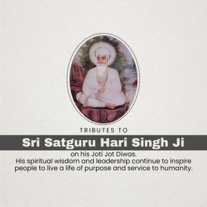 Portrait of Sri Satguru Hari Singh Ji with tribute text