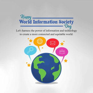 Illustration depicting World Information Society Day with a globe and communication icons.
