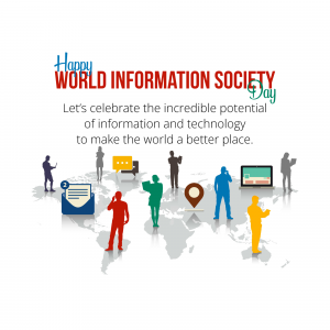 Illustration celebrating World Information Society Day with people and technology icons.