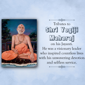 Portrait of Shri Yogiji Maharaj with text commemorating his Jayanti