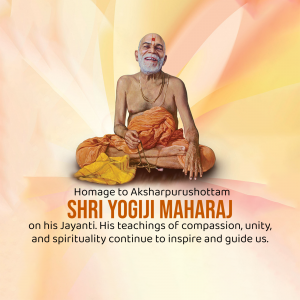 Portrait of Shri Yogiji Maharaj with text honoring his Jayanti