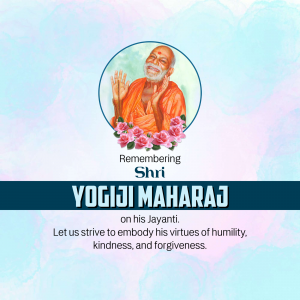 Image of Yogiji Maharaj with floral decorations and text commemorating his Jayanti.