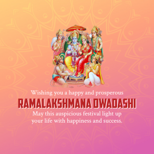 Image depicting Lord Rama, Lakshmana, Sita, Hanuman, and other figures with a festive greeting for Ramalakshmi Dwadashi.