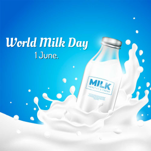 Image depicting a bottle of milk with a splash, celebrating World Milk Day on June 1st.