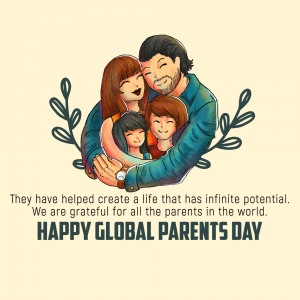 Illustration of a family embracing each other with text 'Happy Global Parents Day'