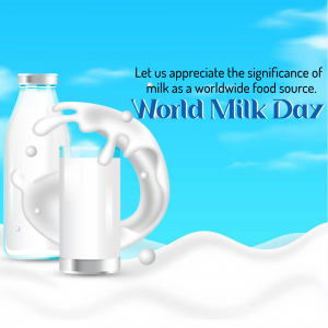 Image depicting milk bottles and a splash of milk with the text 'World Milk Day'