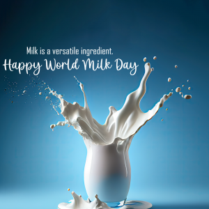 Splash of milk in a glass with text 'Happy World Milk Day'