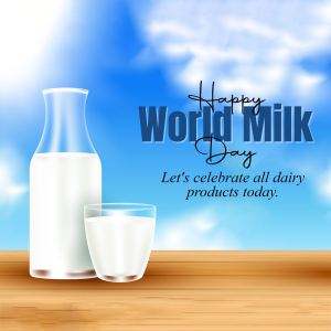 A glass bottle and a glass of milk with the text 'Happy World Milk Day'