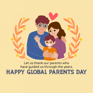 Illustration of a family with a heart above them and text wishing a Happy Global Parents Day.