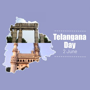 Telangana Day graphic with Charminar and state map