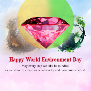 A large pink diamond with a blurred background of Earth and a lion, with text 'Happy World Environment Day'