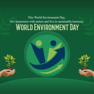 World Environment Day graphic with hands holding plants and a circular logo.
