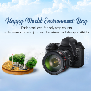 World Environment Day graphic with a camera and eco-friendly landscape