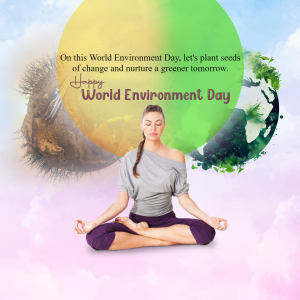 Woman meditating with nature elements and text celebrating World Environment Day.