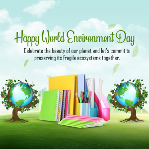 World Environment Day greeting with globes and school supplies