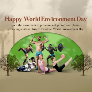 People exercising within a globe shape with a background representing environmental concerns.