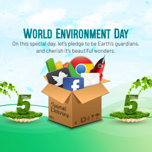 World Environment Day graphic with social media icons emerging from a box.