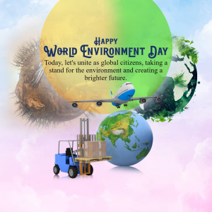 World Environment Day graphic with Earth, plane, and forklift