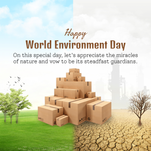 World Environment Day graphic showing a contrast between a lush green landscape and a barren, dry landscape with cardboard boxes.