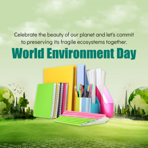 World Environment Day graphic with books, stationery, and a green landscape.