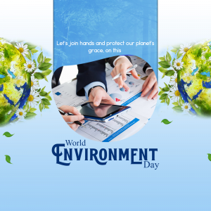 People working together on documents with a globe and flowers, celebrating World Environment Day.