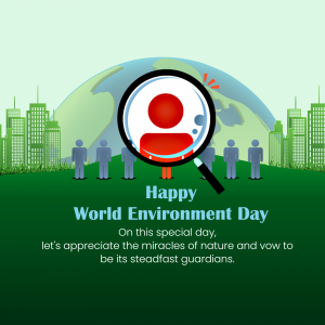 World Environment Day graphic with a magnifying glass over a person and the Earth