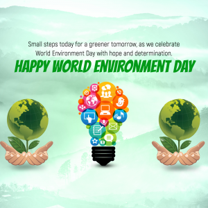 World Environment Day graphic with a lightbulb made of icons and hands holding seedlings.
