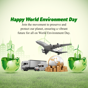 World Environment Day graphic with globe, wind turbines, and transportation