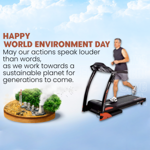 Image depicting a man running on a treadmill with a background representing environmental sustainability.