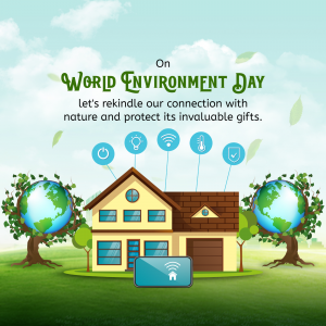 World Environment Day graphic with a house, globes, and icons representing sustainable living.
