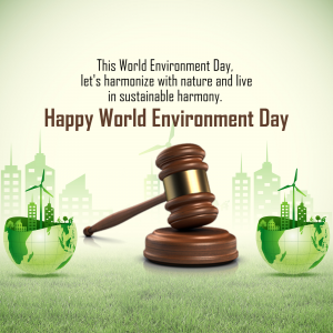 World Environment Day graphic with globe, gavel, and cityscape