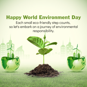 World Environment Day graphic with a plant growing from soil and globes representing a sustainable city.