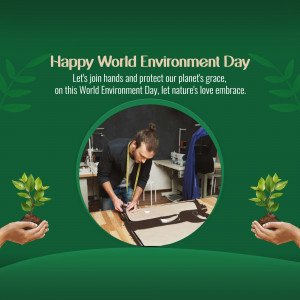 World Environment Day graphic with a person working on fabric and hands holding plants.