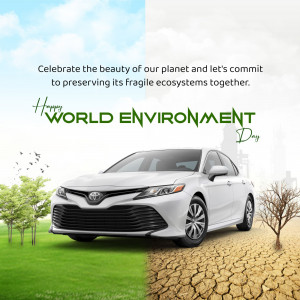 World Environment Day graphic featuring a Toyota car with a split image of lush greenery and barren land.