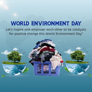 Image promoting World Environment Day with a laundry basket and floating islands.