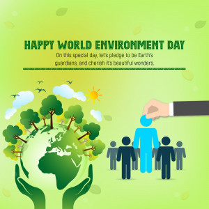 Illustration of hands cradling the Earth with trees and people, celebrating World Environment Day.
