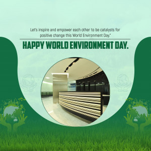 World Environment Day greeting with a green and white color scheme and an image of an office interior.
