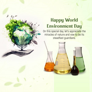 World Environment Day illustration with Earth in hands and science beakers