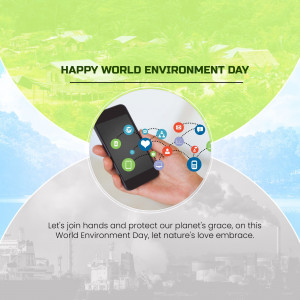 World Environment Day graphic with a phone displaying environmental icons.