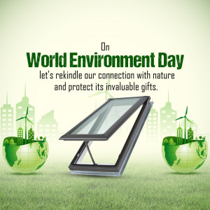 World Environment Day graphic with a skylight, globes with greenery, and wind turbines.