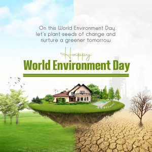 World Environment Day graphic with a house on a floating island representing a healthy ecosystem contrasted with a barren landscape.